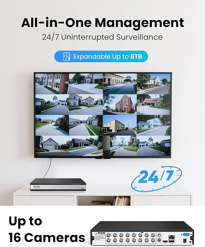 ZOSI H.265+ 1080P FHD 16 Channel DVR for Home Security Camera System with AI Human Vehicle Detection, Hybrid 4-in-1(Analog/AHD/TVI/CVI) Surveillance CCTV DVR Recorder, Remote Access, Email Alarm