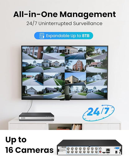 ZOSI H.265+ 1080P FHD 16 Channel DVR for Home Security Camera System with AI Human Vehicle Detection, Hybrid 4-in-1(Analog/AHD/TVI/CVI) Surveillance CCTV DVR Recorder, Remote Access, Email Alarm