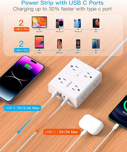Extension Cord 20 Ft, One Beat Surge Protector Power Strip 20 Ft Long Cord, 8 AC Outlets with 4 USB Ports(2 USB C), White Power Strip for Home Office College Dorm Room, Desk Essentials