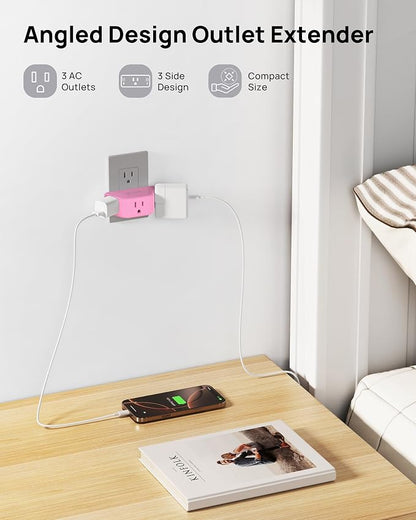TROND Pink Outlet Extender with 3-Prong Grounded Sockets, for Tight Spaces | 3 Way Angled Plug Splitter, Compact and Practical Multiple Wall Expander for Home Travel Cruise Essentials