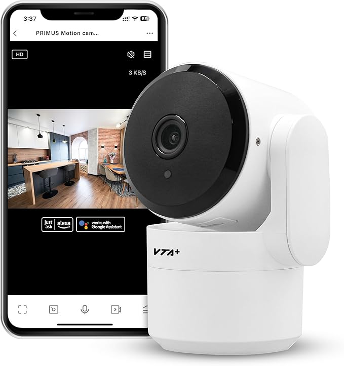 VTA+ 2K Indoor WiFi Security Camera - Motion Detection, Night Vision, Privacy Mode, Alexa/Google Compatible, Two-Way Audio, Dual-Band, 355° Rotation