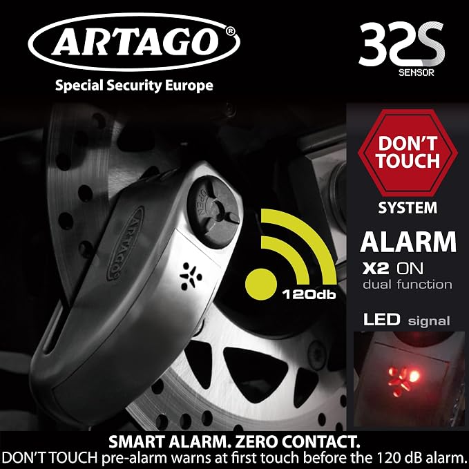 ARTAGO 32 State-of-the-art Motorcycle Disc Lock 2in1 | Smart Alarm, 120dB, Don't Touch Warning | Exclusive SAA Triple Locking, SRA & Sold Secure Gold Approved, Stainless Steel, Brake Anti-Theft Device