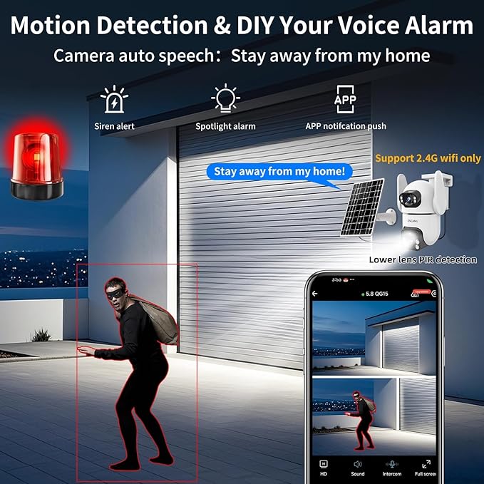 Dual Lens Security Cameras Wireless Outdoor for Home Security, 2K Ultra HD Resolution, 2.4GHz WiFi, 2-Way Audio, Color Night Vision, Motion Detection, PTZ 360 Coverage, No Monthly Fee, IP65 Waterproof
