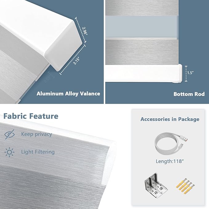 Motorized Zebra Blinds for Windows Cordless Electric Curtains with Remote Control Blackout Shades Custom Smart Blinds Compatible with Alexa Google Home(Light Filtering Grey,W40 X 72in)