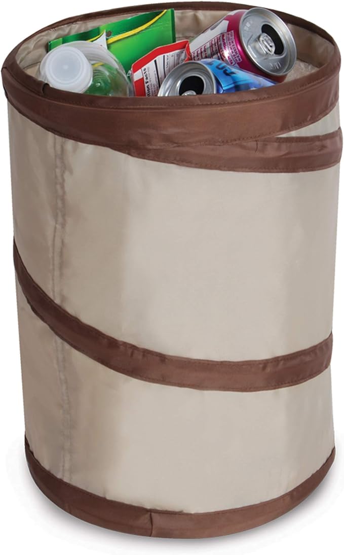 Smart Design Spiral Pop Up Trash Bin with Open Top - Easy to Clean Design - for Recyclables, Garbage, Paper Clutter, Trash Bin - Home - 9.5 x 13 Inch - Beige with Dark Brown Trim