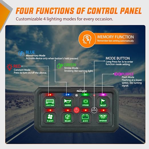 Nilight 8 Gang Switch Panel Green 12V 24V Circuit Control System 4-Mode | Fuse Wiring Harness Automatic Dimmable LED Pod Toggle/Momentary/Strobe/Flash Modes for Car Pickup Truck Camper SUV