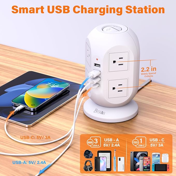 Tower Surge Protector Power Strip 10 ft with 8 Outlets 4 USB Ports(1 USB C), Flat Plug Extension Cord with Multiple Outlets Charging Station for Home Office Dorm, White