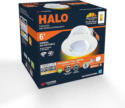 HALO RA 6-Inch Canless LED Recessed Downlight with Adjustable Gimbal, Selectable Lumens and Selectable Color Temperature Settings, Dim-to-Warm Technology, Damp Location Rated - RA6LS9FSD2W1EWHDM