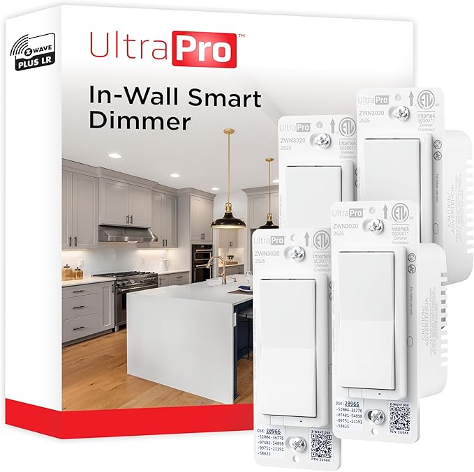 UltraPro Z-Wave Plus Long Range in-Wall Smart Dimmer for Smart Home Automation, 4 Pack, Plastic Yoke, Flying Leads, Single-Pole/3-Way, Hub Required, 76607