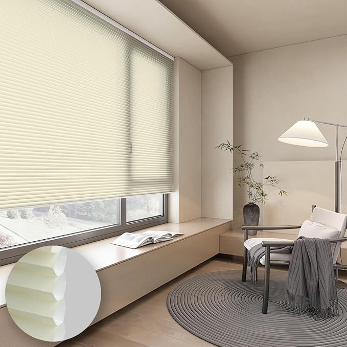 Cellular Shades Light Filtering Honeycomb Blinds for Indoor Windows, Cordless Cellular Shades 1.5 inch Cell Pleated for Bedroom Home Office, Custom Size, Half Shading Cream