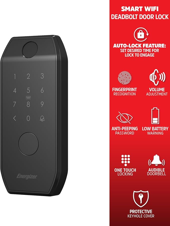 Energizer Smart Door Lock, Deadbolt with Keyless Fingerprint Entry, App Control, Anti-Peep Passcode Touchscreen, 2 Key Fobs & 2 Keys, Holds 50 Fingerprints, One-Touch & Auto-Lock, Doorbell