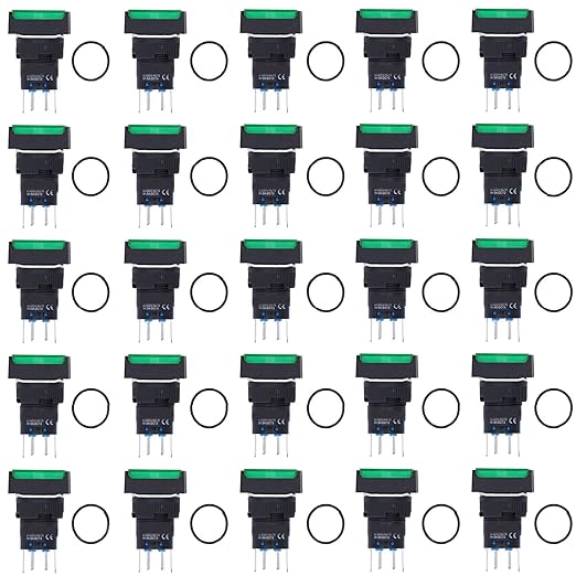 25Pcs Micro Squares Push Button Switch 16mm 12V Self Locking with Light ABS Brass for Automation Equipment DIY Electrical Installation (Green)