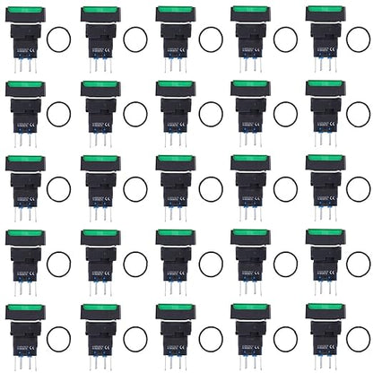 25Pcs Micro Squares Push Button Switch 16mm 12V Self Locking with Light ABS Brass for Automation Equipment DIY Electrical Installation (Green)