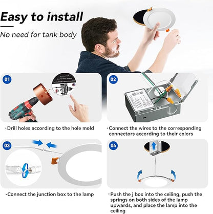CHARKEE 24 Pack 4 Inch 5CCT Ultra-Thin LED Recessed Ceiling Light with Junction Box, 2700K/3000K/3500K/4000K/5000K, 750LM, 9W Equivalent to110W, Dimmable Canless Downlights, ETL & Energy Star & FCC