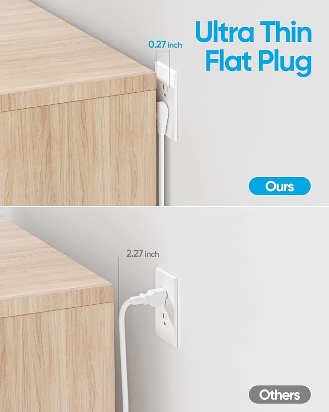 Flat Extension Cord 10ft, Olcorife Flat Plug Power Strip with 6 Outlets 3 USB Ports(1 USB C), 3-Side Outlet Extender Surge Protector for Home Office Dorm Room Essentials, White
