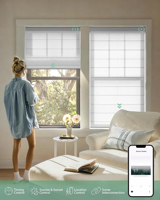 Yoolax Motorized Roman Shades with Remote, Smart Roman Shades for Windows, Light Filtering Automatic Blinds Work with Alexa, Google, Apple Homekit for Living Room, Dining Room, Customized (White)