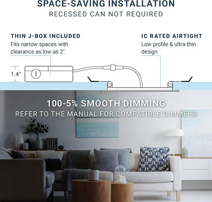PARMIDA (12 Pack) 4 Inch Square 5CCT Ultra Thin LED Recessed Lighting with Junction Box, 2700K/3000K/3500K/4000K/5000K 5 Color Selectable, 9W, Dimmable, Canless Wafer Slim Panel Lights, IC Rated, ETL