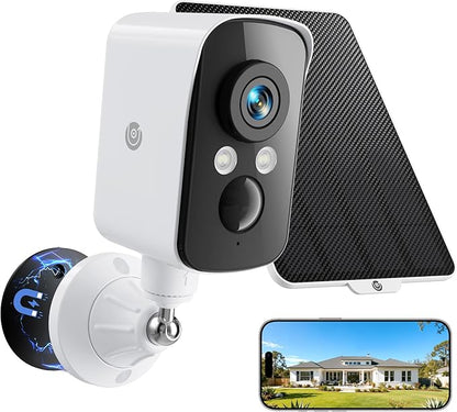 Wireless Outdoor Security Camera, 2.4G WiFi, Battery & Solar Powered, Magnetic Mount, AI Human Detection, Free 7-Day Cloud/SD, 2K, Night Vision, Siren, 2-Way Talk, IP65