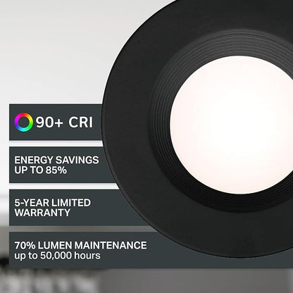 Designers Fountain LED Recessed Ceiling Light, 5/6 Inch 5CCT Metal Lighting Fixture, Dimmable, 1000 Lumens, 2700K/3000K/3500K/4000K/5000K, Black Baffle Retrofit Trim, EVL61093T50BK
