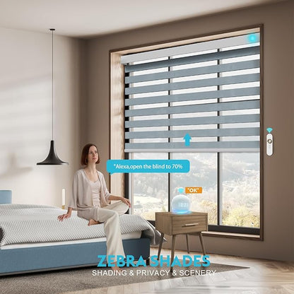 Motorized Zebra Blinds with Remote, Work with HomeKit Alexa, Smart Light Filtering Horizontal Automatic Electric Window Shades for Home Office Customsize(90% Blackout Wide Blue)