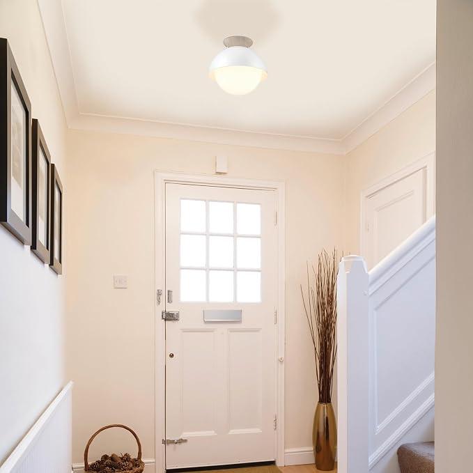 Globe Electric Oswald 1-Light Flush Mount, Matte White, Faux Wood Accent Canopy, Frosted Glass Shade, Bulb Not Included