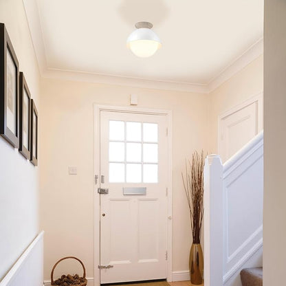 Globe Electric Oswald 1-Light Flush Mount, Matte White, Faux Wood Accent Canopy, Frosted Glass Shade, Bulb Not Included