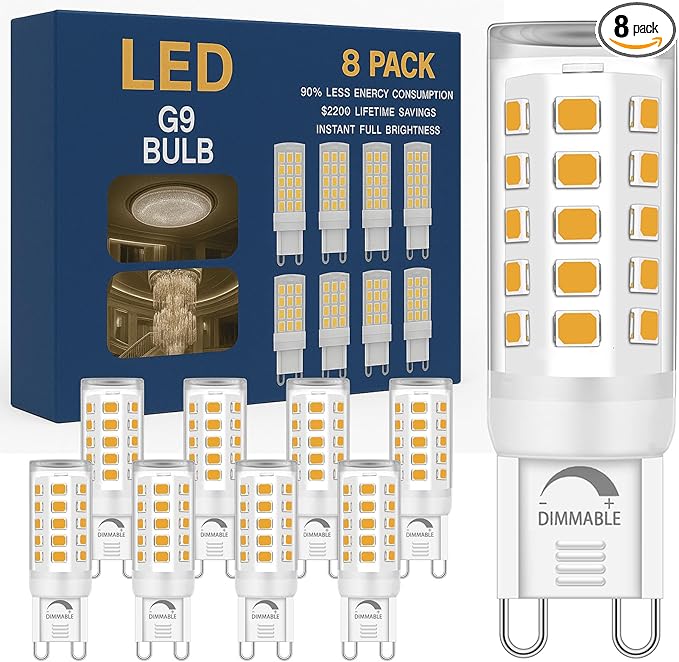 G9 LED Bulb Dimmable 2700K Warm White, T4 4W Replacement for 40 Watts Halogen, Flicker-Free, Ceramic Bi-pin Base, GU9 Light Bulbs for Chandeliers & Lamps, 8 Pack