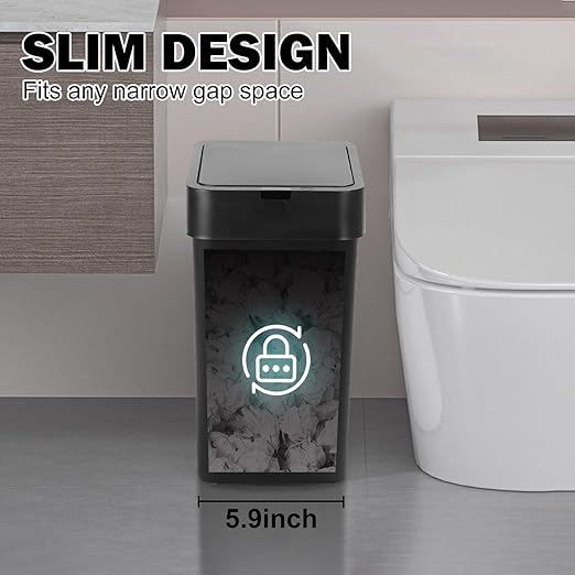 SYNCVIBE 2 Pack Bathroom Trash Can with Lid - 2.5 Gal and 4 Gal Motion Sensor Garbage Bin, Smart Rubbish Bin, Waterproof Slim Dustbin, Automatic Plastic Trash Can for Bathroom, Office, Black