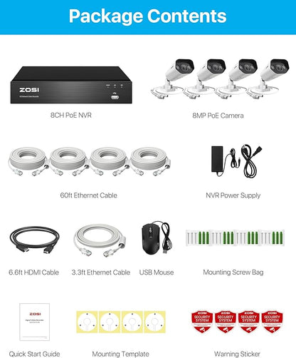 ZOSI 8-Channel 4K PoE Surveillance Camera System with 4 x 8MP Outdoor Security Bullet Cameras, Night Vision, Motion Detection, Remote Access, IP66 Waterproof, HDD Not Included