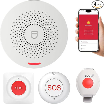 XUK WiFi SOS Caregiver Pager Call Button for Elderly, No Monthly Fee 2.4GHz Wi-Fi APP Control Wireless Nursing Call System with 1 SOS Call Panic Buttons & 1 Watch Pagers & 1 Square Pull Cord Pagers