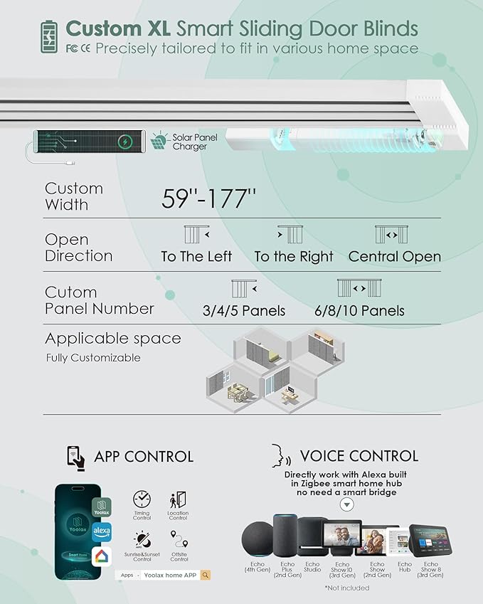 Yoolax Custom XL Smart Sliding Door Blinds, Motorized Sliding Panel Blinds Compatible with Alexa, Fabric Blackout Vertical Rechargeable Battery Shades for Glass Doors(Fabric-Smoky Grey)