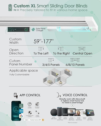 Yoolax Custom XL Smart Sliding Door Blinds, Motorized Sliding Panel Blinds Compatible with Alexa, Fabric Blackout Vertical Rechargeable Battery Shades for Glass Doors(Fabric-White)