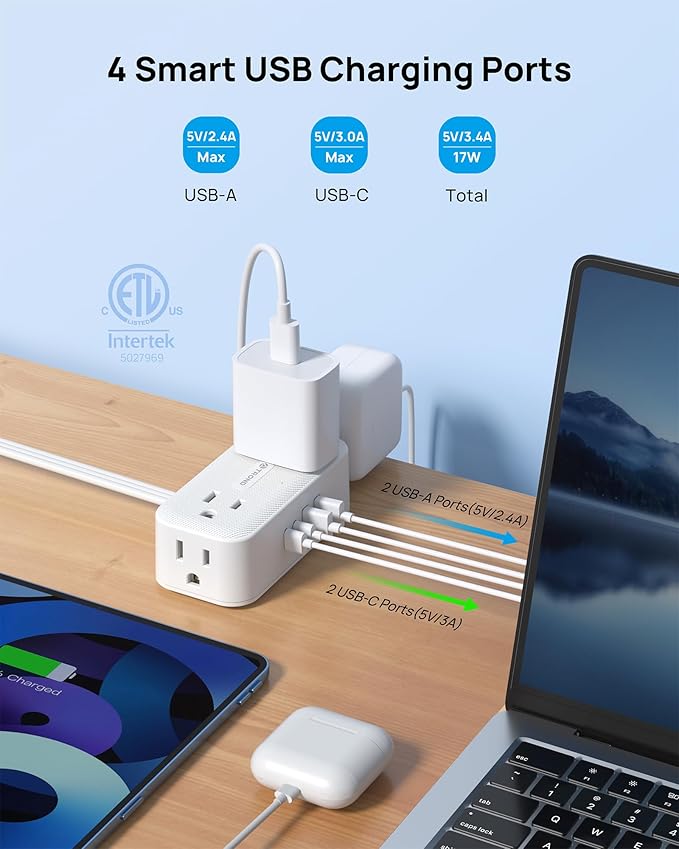 TROND 360° Rotating Flat Plug Power Strip, 1.5FT Extension Cord with 4 USB Ports, 4 Wide Spaced AC Outlets, Wall Mount, 900J Surge Protector for Office Travel Dorm Room Essentials, White