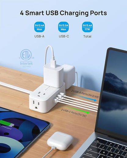 TROND 360° Rotating Flat Plug Power Strip, 1.5FT Extension Cord with 4 USB Ports, 4 Wide Spaced AC Outlets, Wall Mount, 900J Surge Protector for Office Travel Dorm Room Essentials, White