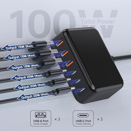 100W 6 in 1 USB Charger, 50% Smaller Charging Station for Multiple Devices | Fast Charging Blocks with Type C Port, USB Charging Hub Organizer Multiport Power Strip for iPhone,Samsung,Ipad,Kindle,Travel