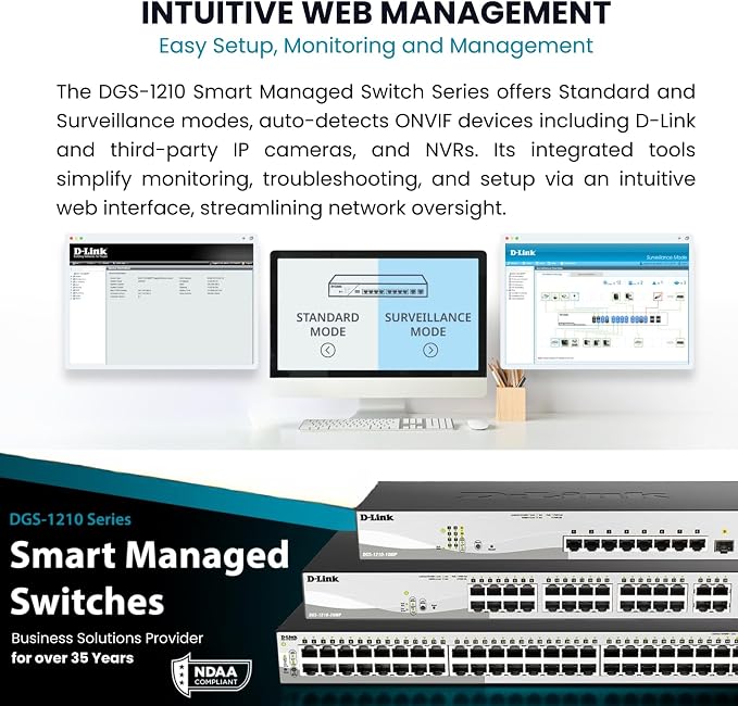 D-Link 10-Port Gigabit Smart Managed Switch | 8 GbE + 2 SFP Ports | L2+ | VLANs | Cable Diagnostics | Web Managed | Desktop or Rackmount | Fanless | NDAA Compliant | Lifetime Protection (DGS-1210-10)