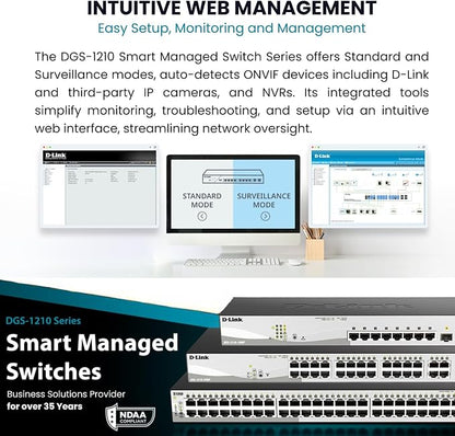 D-Link 10-Port Gigabit Smart Managed Switch | 8 GbE + 2 SFP Ports | L2+ | VLANs | Cable Diagnostics | Web Managed | Desktop or Rackmount | Fanless | NDAA Compliant | Lifetime Protection (DGS-1210-10)