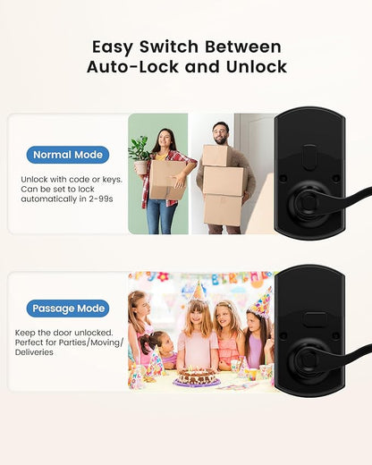 Hidalife Fingerprint Keypad Door Lock with Handle, Keyless Entry Door Lock for Front Door, Easy Passage Mode, Electronic Door Lock with Code, Matte Black