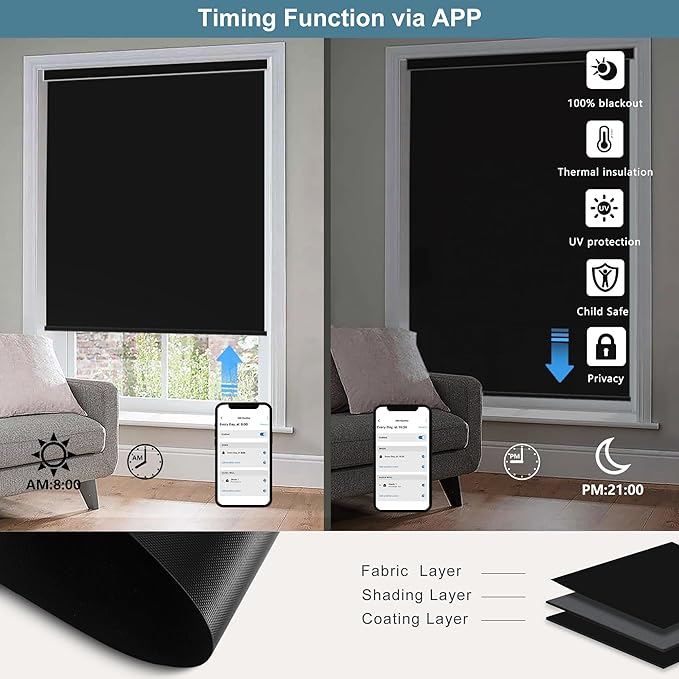 Bringnox Motorized Blinds with Remote,100% Blackout Smart Roller Blinds Compatible with Apple Homekit Google Home and Alexa Via HUB,and Customized (Vinyl Black-14)