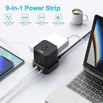 Power Strip Surge Protector (700J), 10 FT Flat Extension Cord with 5 Outlets, 2 USB-C & 2 USB-A, Power Strip with USB for Home, Office, Dorm, Hotel, Travel, Compact Desk Charging Station