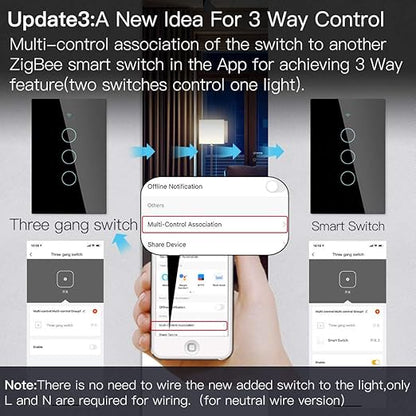 MOES ZigBee Smart Touch Wall Light Switch,Requires Tuya ZigBee Hub,No Neutral Wire/N+L Wiring,No Capacitor,Smart Life Tuya 2/3 Way Remote Control, Work with Alexa Google Home, 2MQTT,4 Gang Black