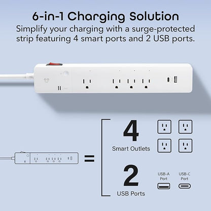 Geeni Smart Surge Protector Power Strip with 4 Smart Outlets, 2 USB Ports (USB-A & USB-C), Surge Protection, Wi-Fi & App Control, Works with Alexa & Google Assistant, Smart Power Strip