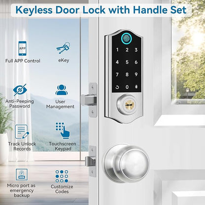 Fingerprint Smart Door Locks for Front Door with Handle Set, App Control, Keyless Entry Door Lock Keypad Deadbolt, Bluetooth Digital Electronic Touchscreen, Easy Install, Auto Lock, Satin Nickel