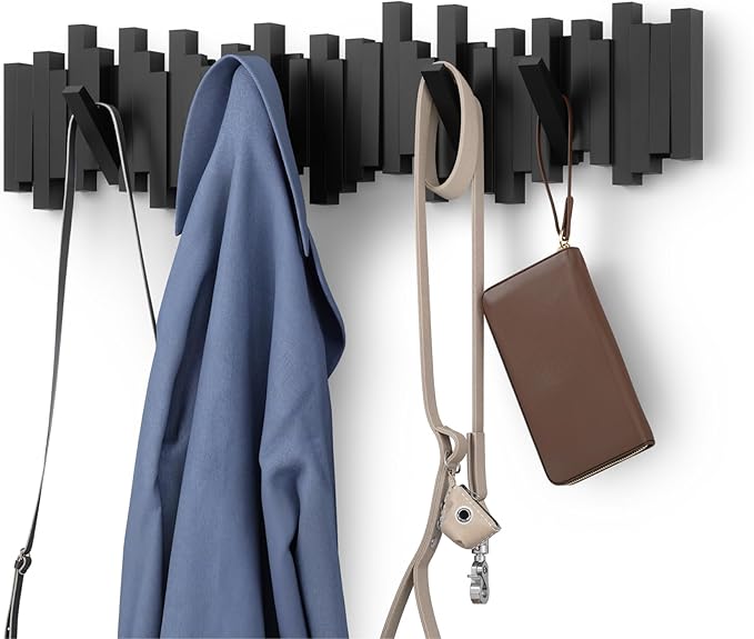 Umbra Sticks Wall Coat Rack, Wall Mount 8 Retractable Hooks, Black | Modern sculptural look, holds five pounds each, fits entryways and bedrooms, easy to install, recycled plastic
