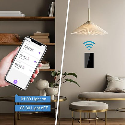 WiFi Smart Wall Light Switch,US Standard ，Voice Control ，Tempered glass panel, 2.4GHz Wi-Fi Touch Switches, Remote Control Smart Life/Tuya App, (3Gang-Black)
