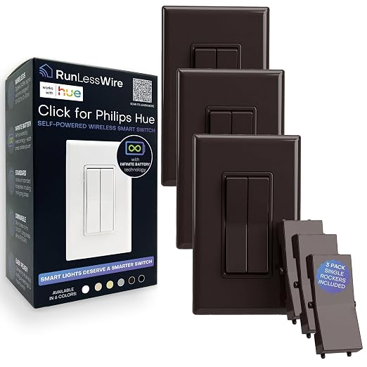 RunLessWire Click for Hue Battery-Free Wireless Smart Switch 3 Pack Brown | Dimmable Kinetic Switch Pairs Natively to Philips Hue Bridge, 4 Programmable Buttons to Control Scenes & Areas, 100ft Range