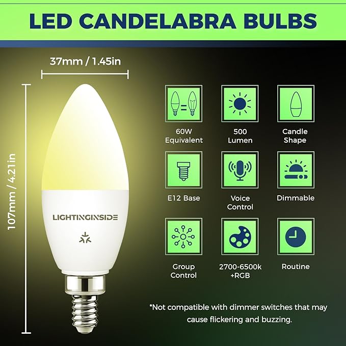 Lightinginside Matter E12 Smart Light Bulbs 60W Equiv., Compatible with Alexa/Apple Home/Google Home/SmartThings, RGBCW Candle Candelabra Chandelier Bulb, 2.4G WiFi, ETL Listed, Hub Required, 4PCS