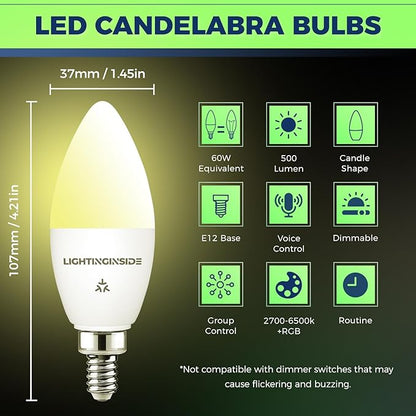 Lightinginside Matter E12 Smart Light Bulbs 60W Equiv., Compatible with Alexa/Apple Home/Google Home/SmartThings, RGBCW Candle Candelabra Chandelier Bulb, 2.4G WiFi, ETL Listed, Hub Required, 4PCS