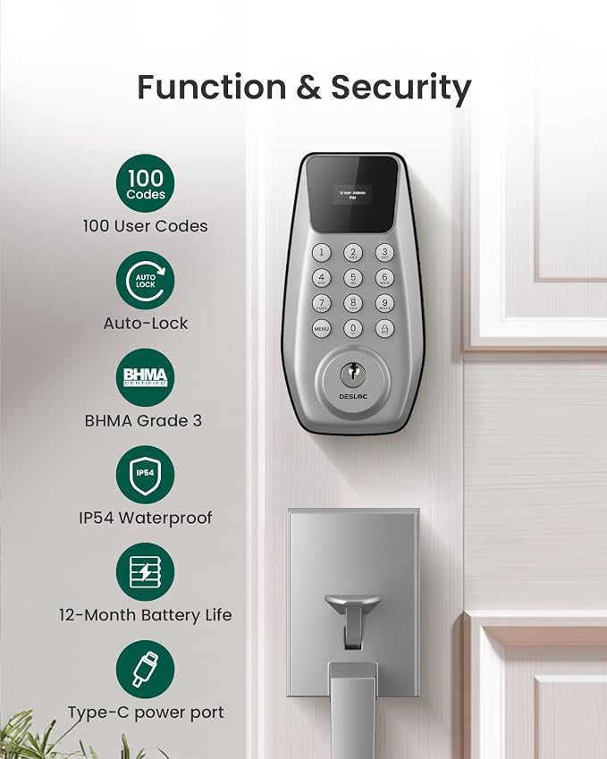 DESLOC C100 Keyless Entry Door Lock with Handle Set, Visual Display | Smart Deadbolt Lock with 100 PIN Codes, Passage Mode, 2 Keys, IP54 Weather Resistance, 12-Month Battery, Auto Lock, Silver