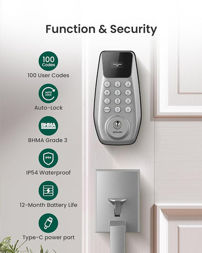 DESLOC C100 Keyless Entry Door Lock with Handle Set, Visual Display | Smart Deadbolt Lock with 100 PIN Codes, Passage Mode, 2 Keys, IP54 Weather Resistance, 12-Month Battery, Auto Lock, Silver